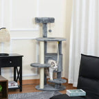 Dark grey cat tree tower with multiple perches, central tunnel hideaway, and rope toy.