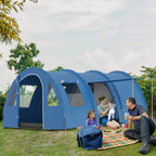 Blue tunnel camping tent with two sections and mesh windows for ventilation