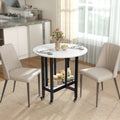 White marble folding dining table with open shelf, rolling casters, and two upholstered chairs