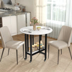 White marble folding dining table with open shelf, rolling casters, and two upholstered chairs