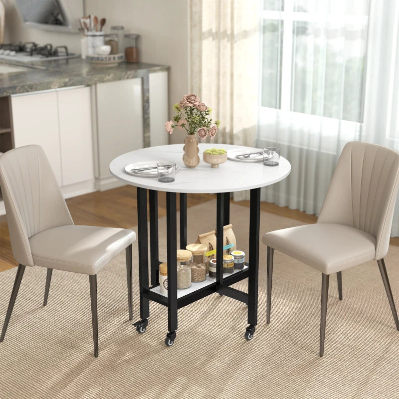 White marble folding dining table with open shelf, rolling casters, and two upholstered chairs