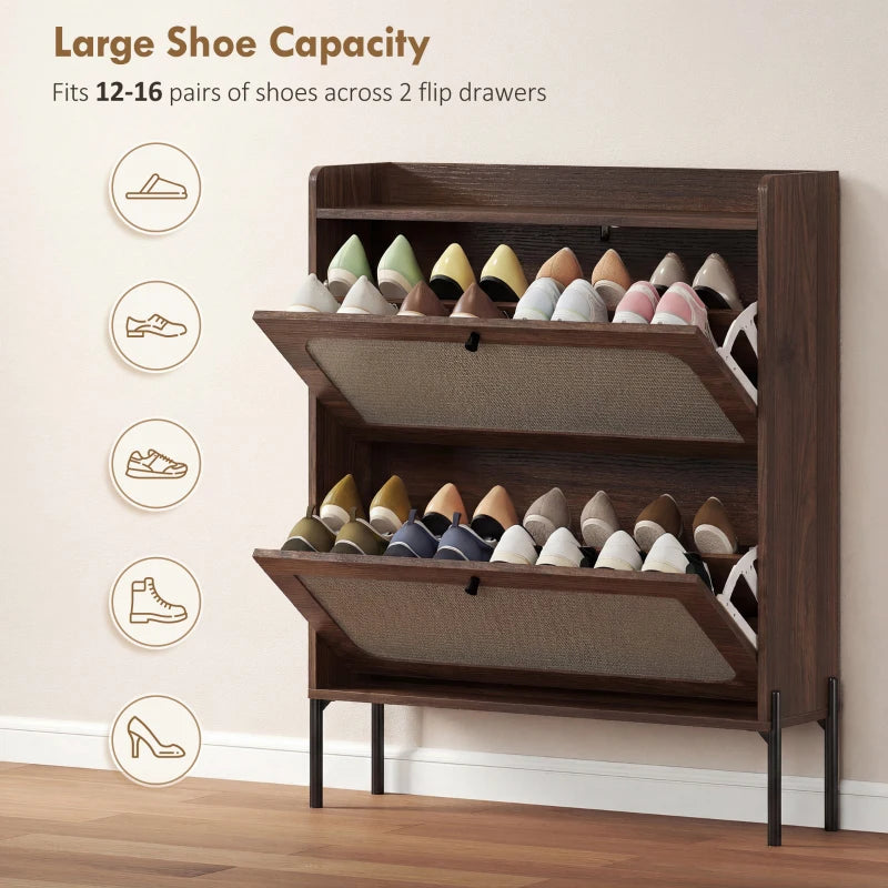 Dark brown flip shoe cabinet with two open compartments holding multiple pairs of shoes