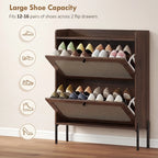 Dark brown flip shoe cabinet with two open compartments holding multiple pairs of shoes