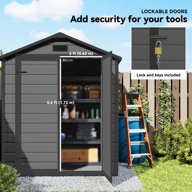 Dark grey lockable garden storage shed with double doors and included keys