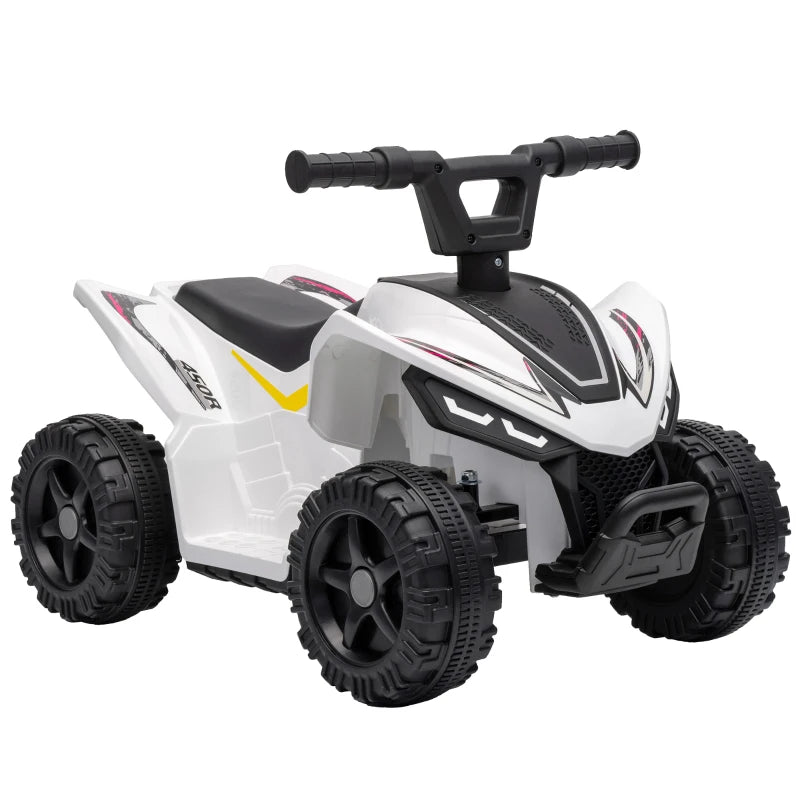 White kids battery ATV quad bike with black handlebar and chunky tires