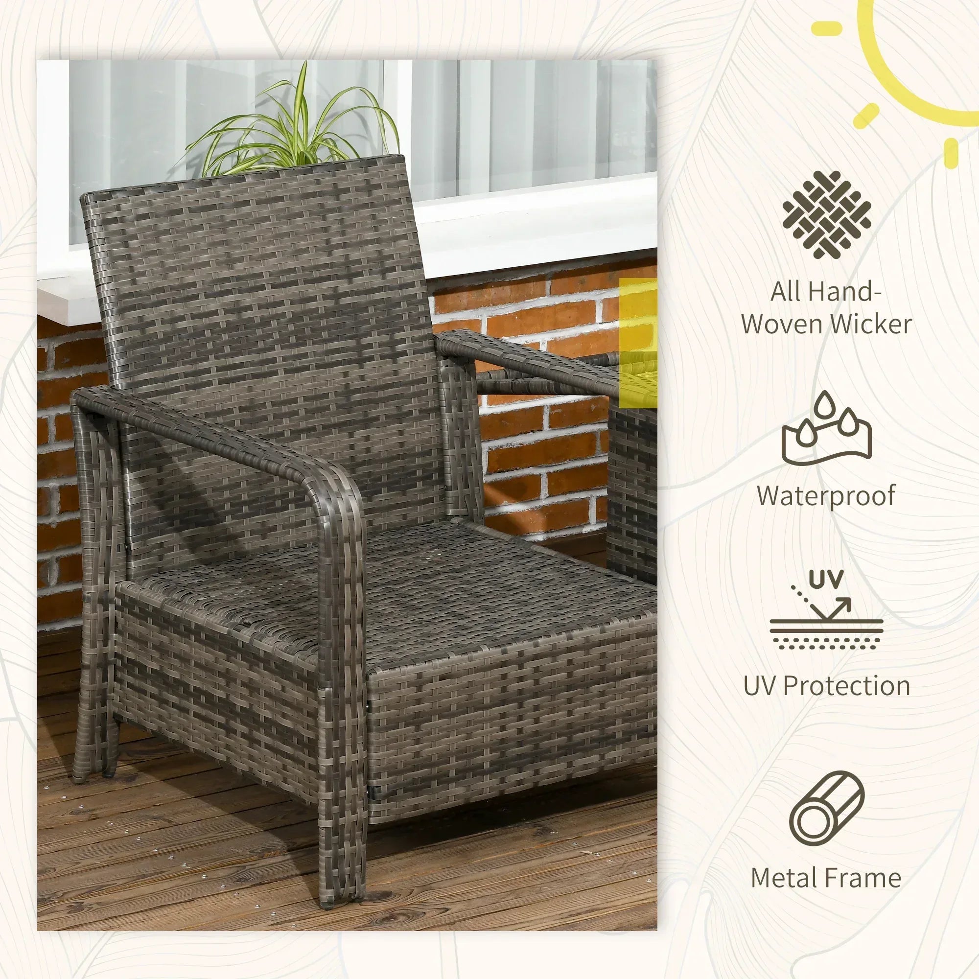 3 Pieces Rattan Bistro Set, Wicker Garden Furniture Set with Storage Coffee Table and Chairs, Thickened Cushions for Outdoor, Patio, Balcony, Grey - Bobobiy