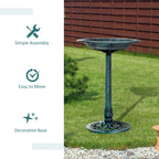 Green outdoor bird bath on pedestal with ornate base, set on lawn