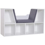 White cube storage shelf with gray cushioned reading seat and two back cushions
