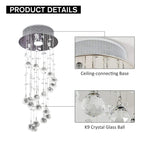 Silver metal crystal ceiling chandelier with perforated canopy and hanging clear crystal balls