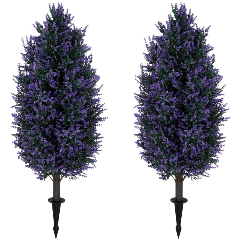 Set of 2 artificial lavender plants, purple blooms, in white pots with black stakes
