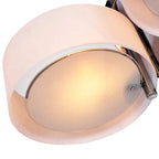 Close-up of white acrylic lamp shade with chrome rim on 3-light ceiling chandelier