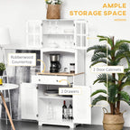 White cabinet with open doors revealing glassware shelves and two drawers