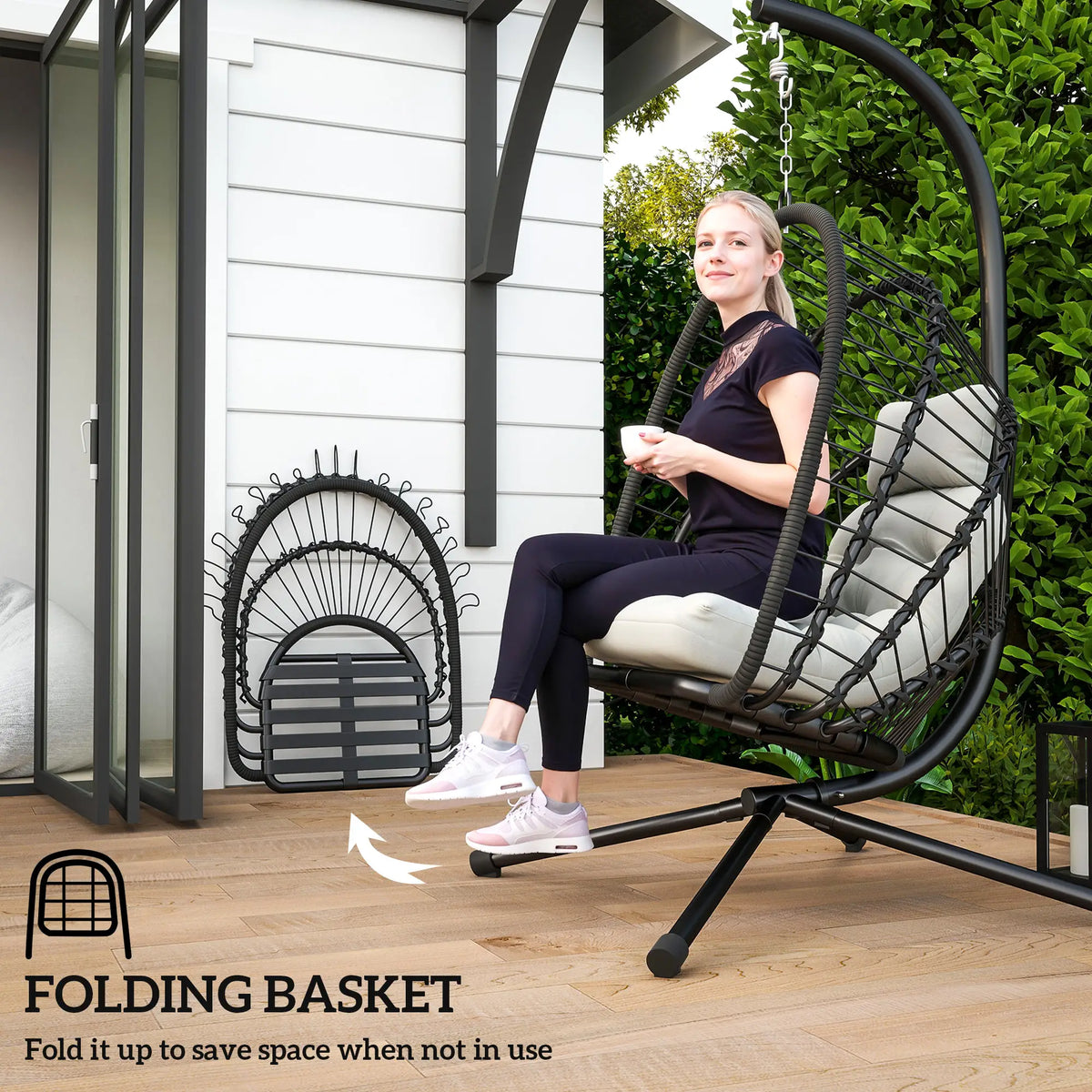 Outsunny Outdoor PE Rattan Swing Chair with Foldable Basket and Cushion, Garden Patio Hanging Egg Chair with Metal Stand