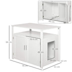 White wooden cat litter box enclosure with open front and side access window; size view