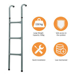Silver trampoline ladder with curved hook handrails and three-step design
