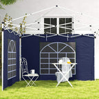 Blue gazebo enclosure with two side panels showing window designs