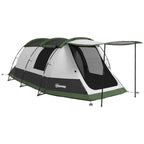 Three-room camping tent with porch, green and white, black panels