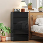 High-gloss black 5-drawer dresser cabinet standing next to a bed, front view.
