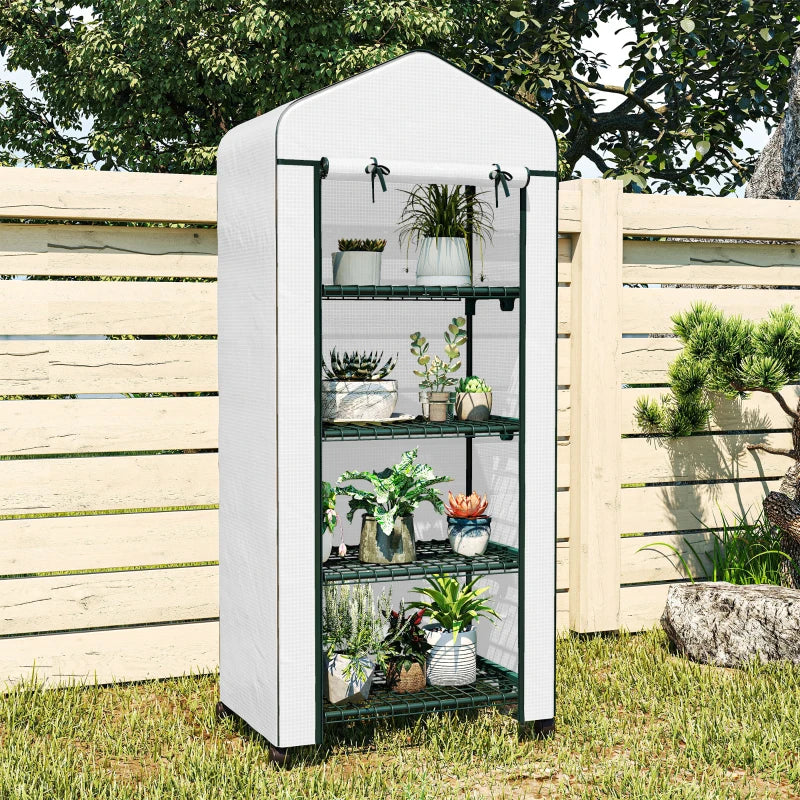 White 4-tier mini greenhouse with PE cover, green metal frame, and multiple shelves