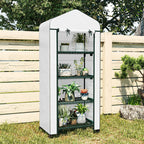 White 4-tier mini greenhouse with PE cover, green metal frame, and multiple shelves