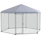 Metal chicken run with grey fabric roof and silver chain-link mesh walls