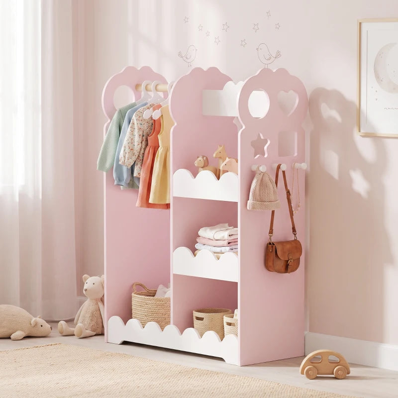 Kids pink dress-up wardrobe with hanging rail, open shelves, and full-length mirror