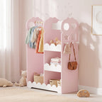 Kids pink dress-up wardrobe with hanging rail, open shelves, and full-length mirror