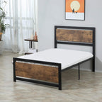 Single metal bed frame with headboard and footboard, rustic brown panel detail and black rails