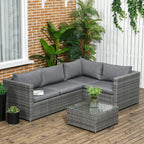 Grey outdoor rattan corner sofa with grey cushions and glass top square coffee table