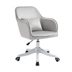 Grey velvet office chair with padded armrests and backrest on rolling caster base