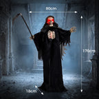 170cm grim reaper decoration with red-eyed skull, black robe, and glowing ribcage