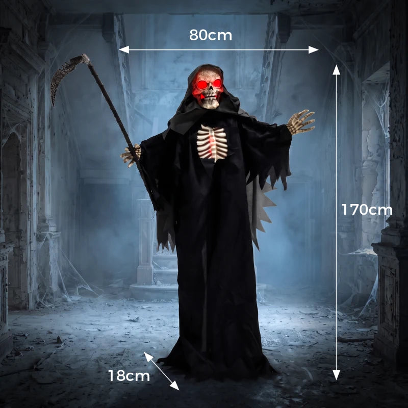170cm grim reaper decoration with red-eyed skull, black robe, and glowing ribcage