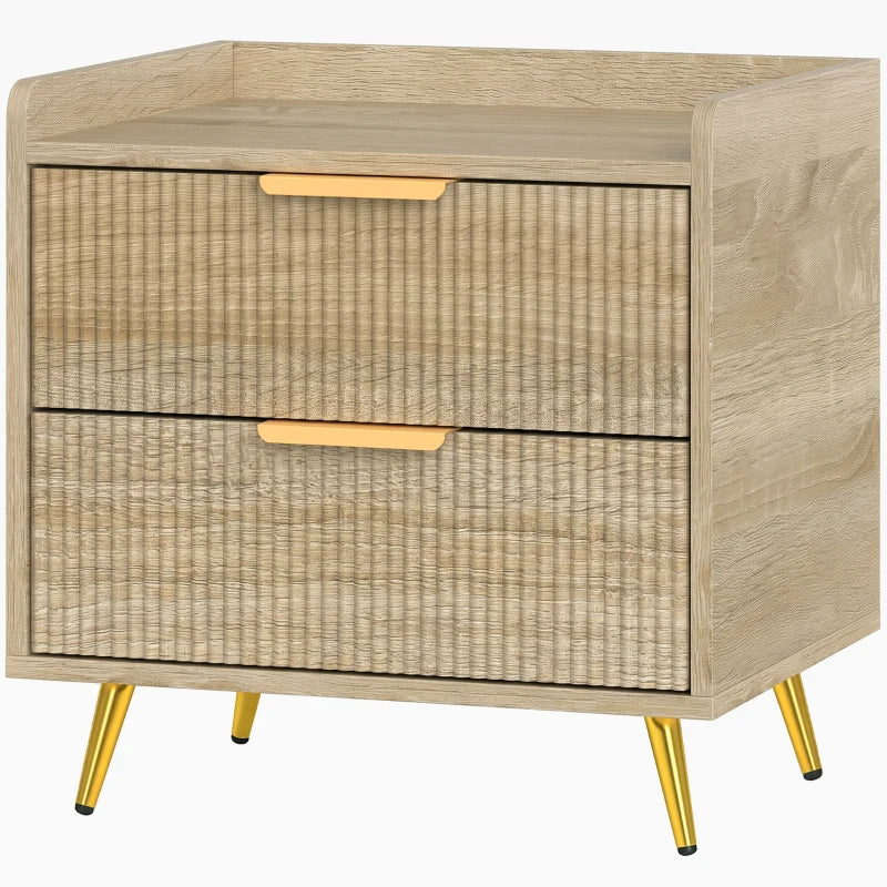 Natural wood bedside table with two rattan-style drawers and gold metal legs