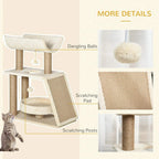 Cat tree details: dangling balls, scratching posts, and angled scratching pad