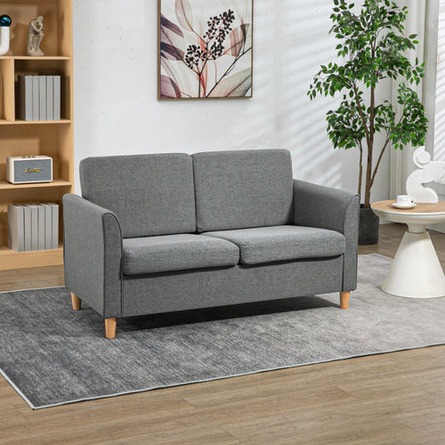 Grey compact loveseat sofa with curved armrests, two seat cushions, and wooden feet