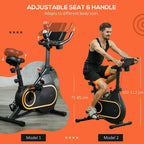 Black indoor cycling bike with adjustable seat, handlebars, and front console tablet holder