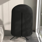 Black hanging egg chair cover with arched canopy and zip front, tripod legs visible