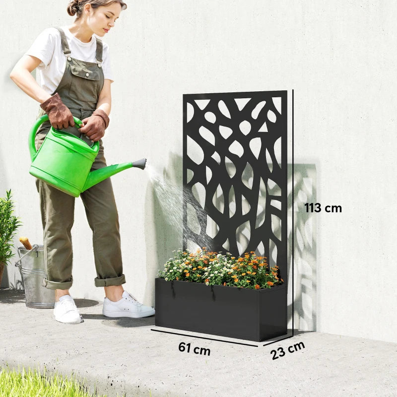 Black metal raised planter with privacy trellis screen and flowers