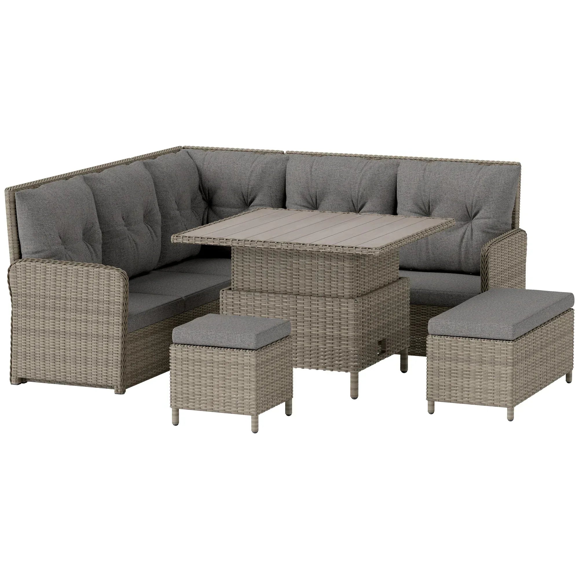 6 Pieces Outdoor PE Rattan Garden Furniture, Patio Wicker Sectional Conversation Corner Sofa w/ Soft Padded Cushion & Liftable Coffee Table, Light Grey - Bobobiy