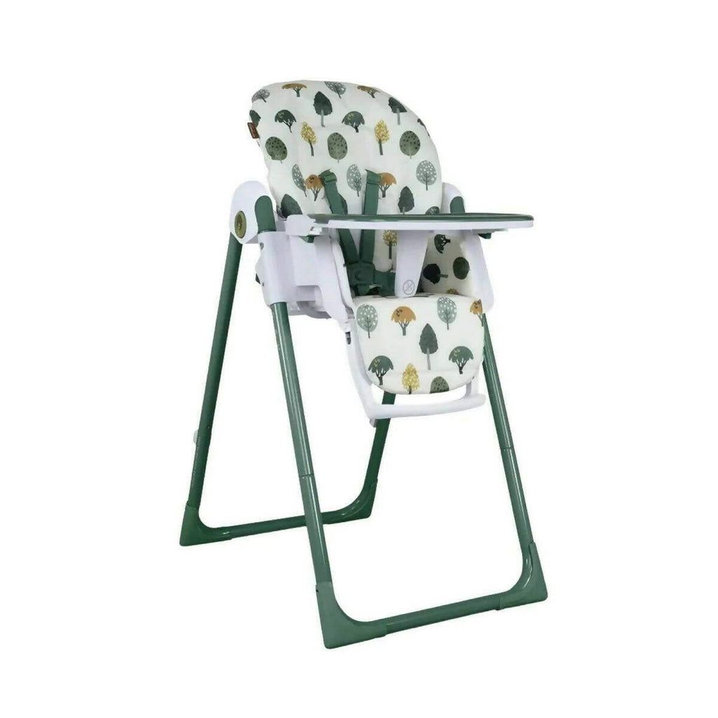 Baby highchair with white tray and green legs, animal-and-tree fabric seat
