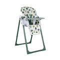 Baby highchair with white tray and green legs, animal-and-tree fabric seat