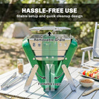Green charcoal BBQ grill with removable wire grate and folded legs