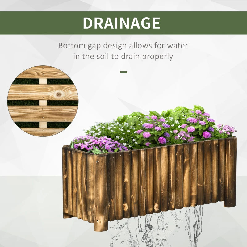 Wooden raised garden bed with an illustrated bottom drainage gap beneath the planter.