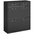 Black narrow shoe cabinet with two flip compartments and four metal pull handles