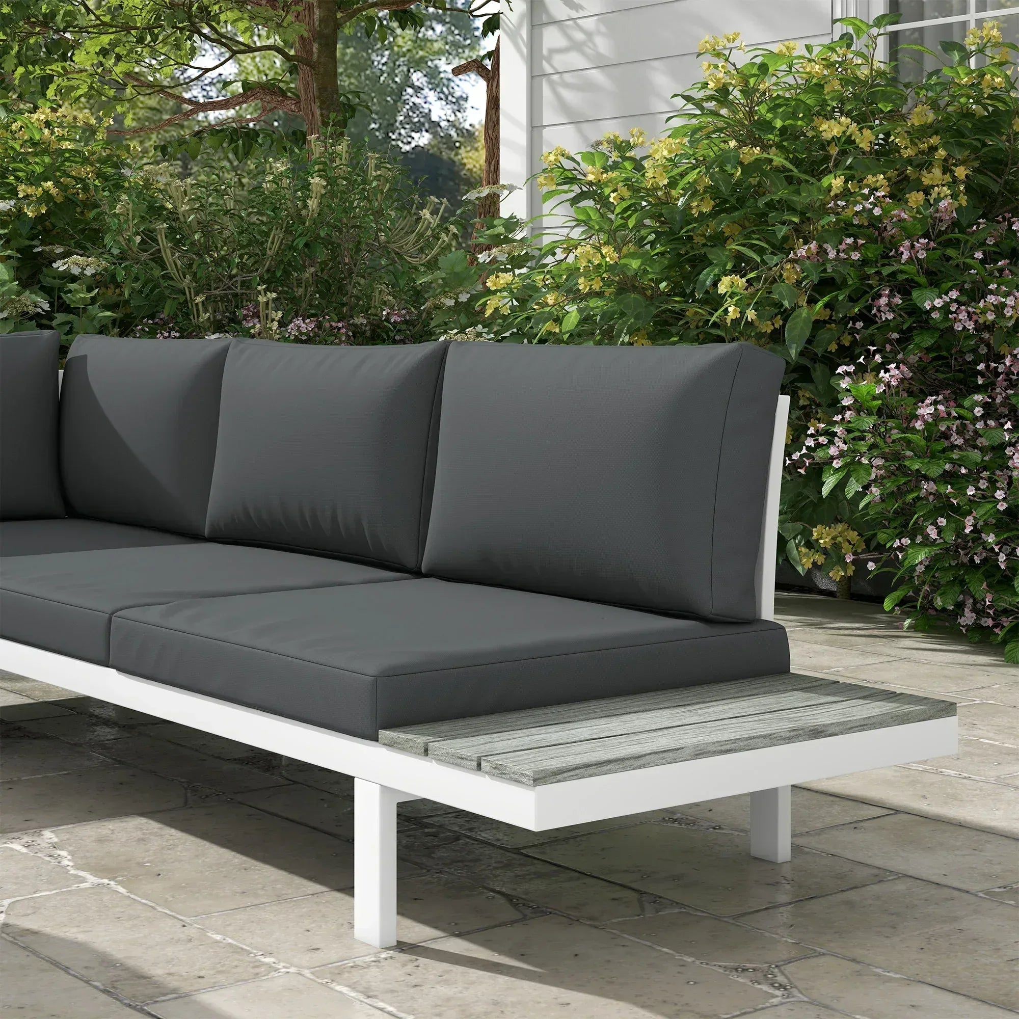 4 Pieces Garden Furniture Set, 5-Level Reclining Garden Corner Sofa Set, Outdoor Lounge Conversation Sectional with Cushions, Wood Effect Plastic Table, White Frame & Grey Cushion - Bobobiy