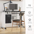 Black computer desk with monitor shelf, drawers, keyboard tray, and open CPU compartment