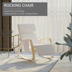 Cream white rocking lounge chair recliner with sloped back and cushioned footrest