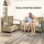 Khaki storage bench with padded cushion, wide armrests and supportive backrest