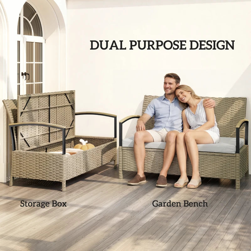 Khaki storage bench with padded cushion, wide armrests and supportive backrest