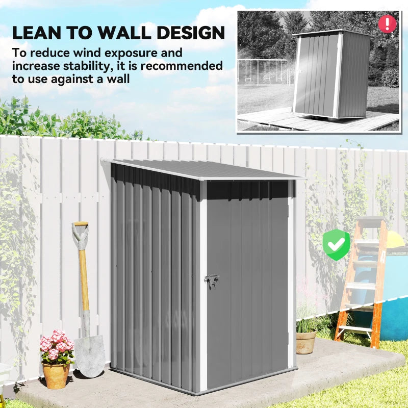 Grey lean-to wall garden shed with hinged door and sloped roof